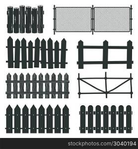 Rural wooden fences, pickets vector silhouettes. Rural wooden fences, pickets vector silhouettes. Illustration of paling straight for protection and security