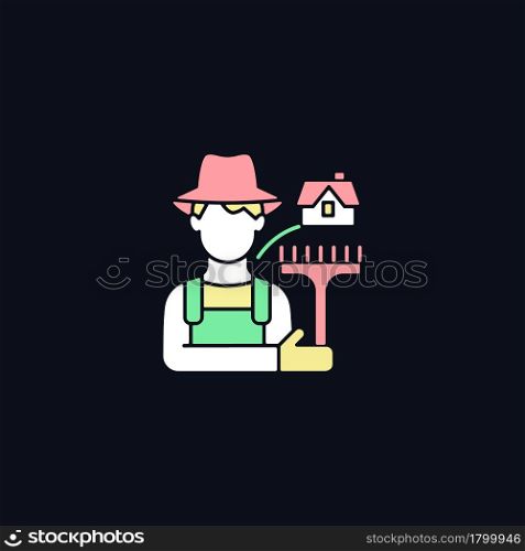 Rural workers RGB color icon for dark theme. Man stands near barn. Labourer with tool. Grow and produce food. Isolated vector illustration on night mode background. Simple filled line drawing on black. Rural workers RGB color icon for dark theme
