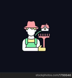 Rural workers RGB color icon for dark theme. Man stands near barn. Labourer with tool. Grow and produce food. Isolated vector illustration on night mode background. Simple filled line drawing on black. Rural workers RGB color icon for dark theme
