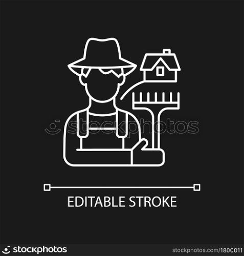 Rural workers white linear icon for dark theme. Man stands near barn. Labourer with tool. Thin line customizable illustration. Isolated vector contour symbol for night mode. Editable stroke. Rural workers white linear icon for dark theme
