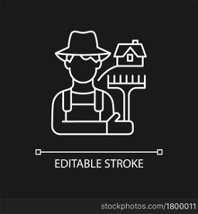 Rural workers white linear icon for dark theme. Man stands near barn. Labourer with tool. Thin line customizable illustration. Isolated vector contour symbol for night mode. Editable stroke. Rural workers white linear icon for dark theme