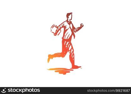 Rush, businessman, hurry, busy, deadline concept. Hand drawn worker on a rush concept sketch. Isolated vector illustration.. Rush, businessman, hurry, busy, deadline concept. Hand drawn isolated vector.