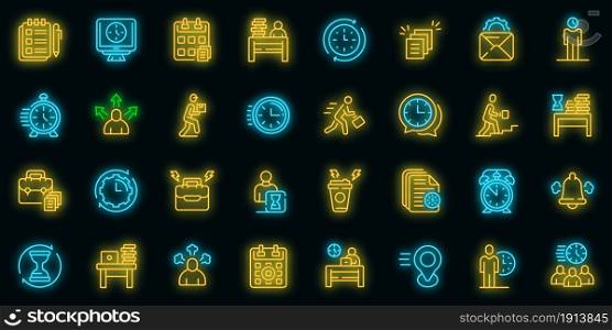 Rush job icons set. Outline set of rush job vector icons neon color on black. Rush job icons set vector neon