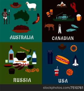 Russia, Canada, USA and Australia travel flat icons with traditional culture, history, industry, landmark, nature and national cuisine elements. Russia, Canada, USA and Australia travel icons
