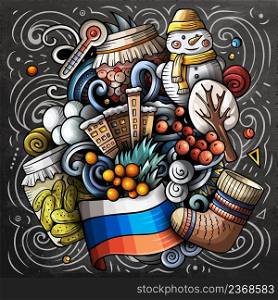 Russia cartoon vector doodle chalkboard illustration. Colorful detailed composition with lot of traditional symbols. Russia cartoon vector doodle chalkboard illustration