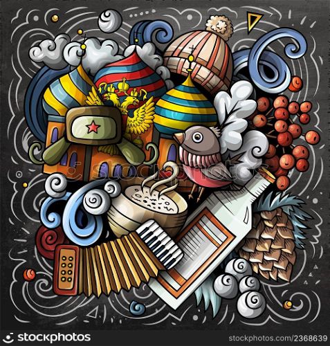 Russia cartoon vector doodle chalkboard illustration. Colorful detailed composition with lot of traditional symbols. Russia cartoon vector doodle chalkboard illustration