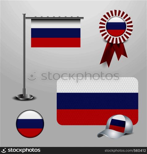 Russia Country Flag haning on pole, Ribbon Badge Banner, sports Hat and Round Button. Vector EPS10 Abstract Template background