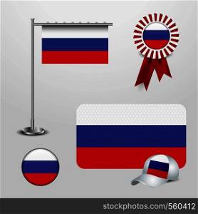 Russia Country Flag haning on pole, Ribbon Badge Banner, sports Hat and Round Button. Vector EPS10 Abstract Template background