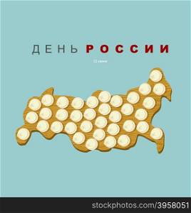 "Russia day. Patriotic national holiday on June 12. Frozen dumplings on cutting board in form of a map of Russia. Favorite food Russians people. Text in Russian: "day of Russia. July 12""