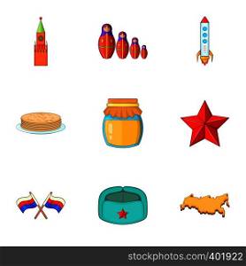 Russia elements icons set. Cartoon illustration of 9 Russia elements vector icons for web. Russia elements icons set, cartoon style