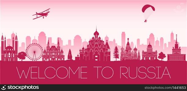 Russia famous landmark by vintage plane fly over in flag color tone red silhouette design,vector illustration