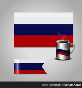 Russia Flag printed on coffee cup and small flag. Vector EPS10 Abstract Template background