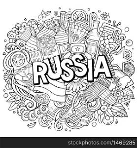 Russia hand drawn cartoon doodles illustration. Funny travel design. Creative art vector background. Handwritten text with Russian symbols, elements and objects. Sketchy composition. Russia hand drawn cartoon doodles illustration. Funny travel design.