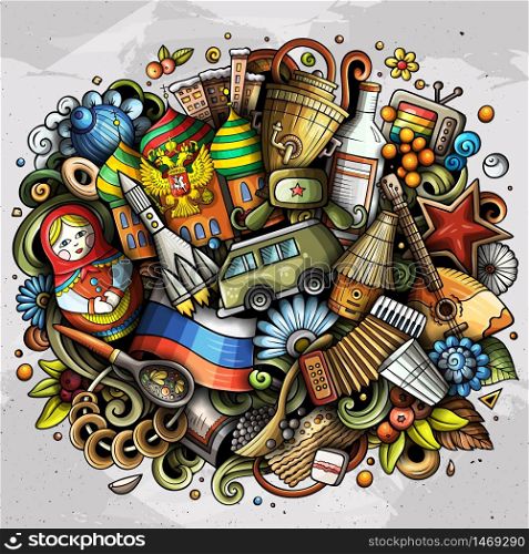 Russia hand drawn cartoon doodles illustration. Funny travel design. Creative art vector background. Russian symbols, elements and objects. Colorful composition. Russia hand drawn cartoon doodles illustration. Funny travel design.