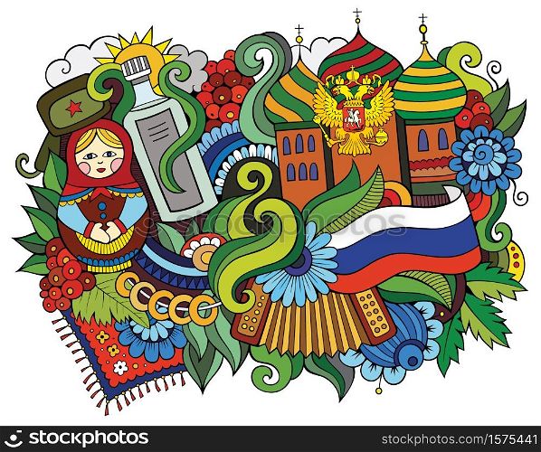Russia hand drawn cartoon doodles illustration. Funny travel design. Creative art vector background. Russian symbols, elements and objects. Colorful composition. Russia hand drawn cartoon doodles illustration.