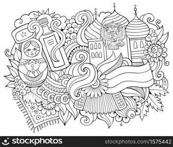 Russia hand drawn cartoon doodles illustration. Funny travel design. Creative art vector background. Russian symbols, elements and objects. Sketchy composition. Russia hand drawn cartoon doodles illustration.