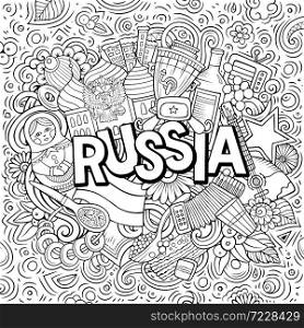 Russia hand drawn cartoon doodles illustration. Funny travel design. Creative art vector background. Handwritten text with Russian symbols, elements and objects. Sketchy composition. Russia hand drawn cartoon doodles illustration. Funny travel design.