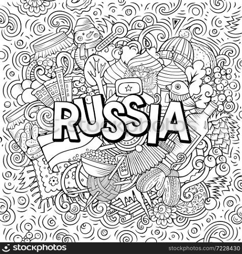 Russia hand drawn cartoon doodles illustration. Funny travel design. Creative art vector background. Handwritten text with Russian symbols, elements and objects. Colorful composition. Russia hand drawn cartoon doodles illustration. Funny travel design.