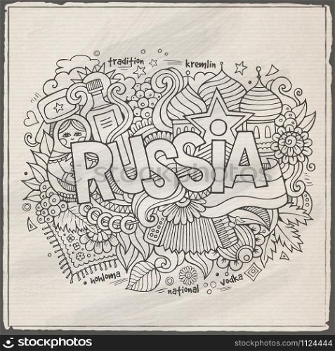 Russia hand lettering and doodles elements background. Vector illustration. Russia hand lettering and doodles elements background