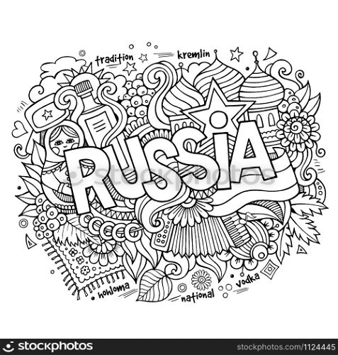Russia hand lettering and doodles elements background. Vector illustration. Russia hand lettering and doodles elements background