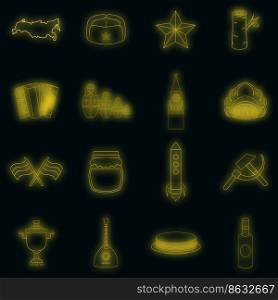 Russia icons set. Illustration of 16 Russia travel items vector icons neon color on black. Russia icons set vector neon