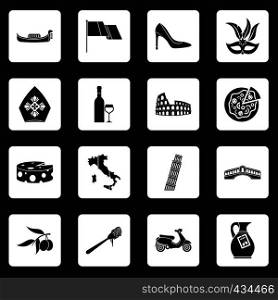 Russia icons set in white squares on black background simple style vector illustration. Italia icons set squares vector
