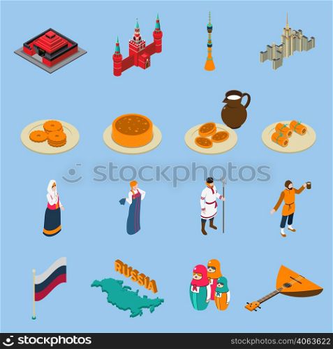 Russia isometric touristic icons set of famous buildings traditional russian cuisine national constumes and symbols isolated vector illustration. Russia Isometric Touristics Icons Set
