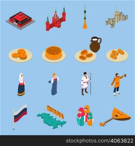 Russia isometric touristic icons set of famous buildings traditional russian cuisine national constumes and symbols isolated vector illustration. Russia Isometric Touristics Icons Set