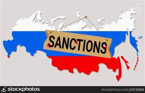 Russia map in colors of national flag. Wooden signboard and word - Sanctions with blood drops. Vector illustration. For design and decoration of themes to war in Ukraine