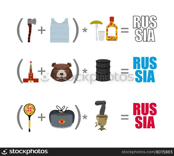 Russia mathematician. Mathematical Formula of Russian life. Traditional objects of country. Axe and vest. Moscow Kremlin and bear. Wooden spoon and Ushanka. National algebra.