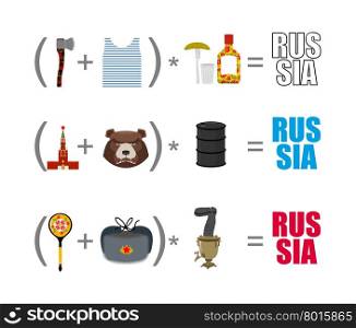 Russia mathematician. Mathematical Formula of Russian life. Traditional objects of country. Axe and vest. Moscow Kremlin and bear. Wooden spoon and Ushanka. National algebra.