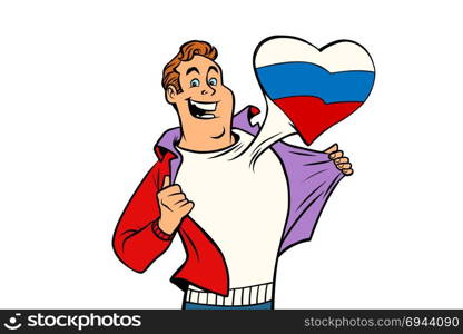 Russia patriot man isolated on white background. Comic cartoon style pop art illustration vector retro. Russia patriot man isolated on white background