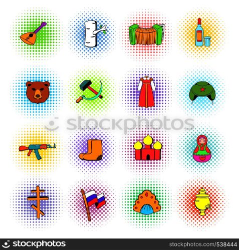 Russia set icons in comics style on a white background . Russia set icons, comics style
