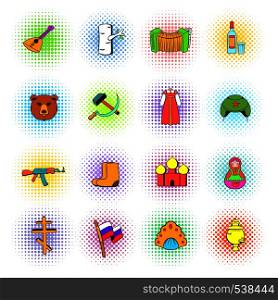 Russia set icons in comics style on a white background . Russia set icons, comics style