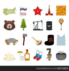 Russia set icons. Traditional objects of country. Russian national clothes. Association with country. Moscow Kremlin and Russian bear. Map States and oil. Wooden spoon and vodka.&#xA;
