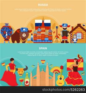 Russia Spain Travel Banners. Travel horizontal banners with flat doodle style images of russian and spanish national stereotype symbols and characters vector illustration