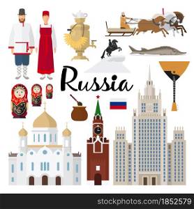 Russia tourism concept icons set with traditional food and drinks flat isolated vector illustration