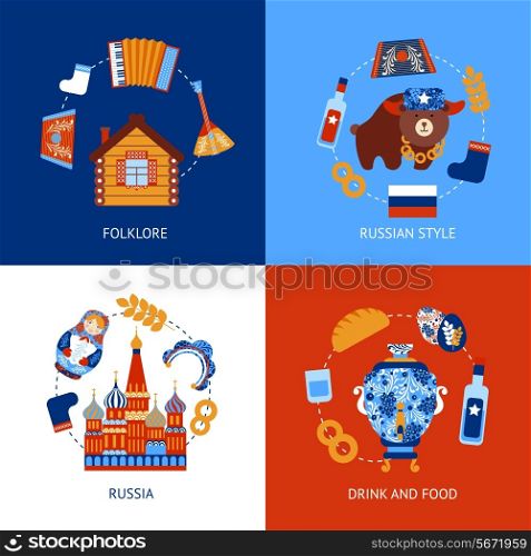 Russia travel folklore drink and food flat set isolated vector illustration