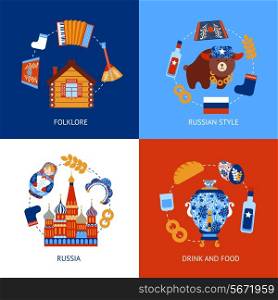 Russia travel folklore drink and food flat set isolated vector illustration