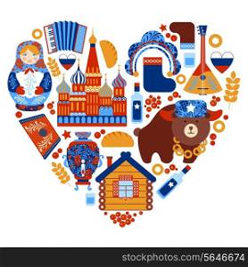 Russia travel heart set with traditional national elements icons set vector illustration