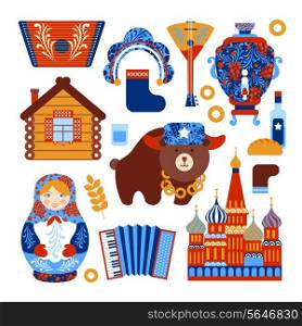 Russia travel set with vintage national elements icons set isolated vector illustration