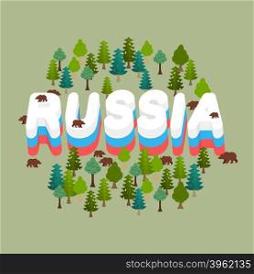 Russia. Wildlife of Russian Federation. Letters Russian flag. Bears in forest. Text in grove&#xA;