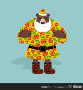 Russian bear in guise of snata Claus. Wild animal in Christmas attire. New years character. Russian national texture.&#xA;