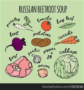 RUSSIAN BEETROOT SOUP Cuisine Borscht Recipe Illustration Set