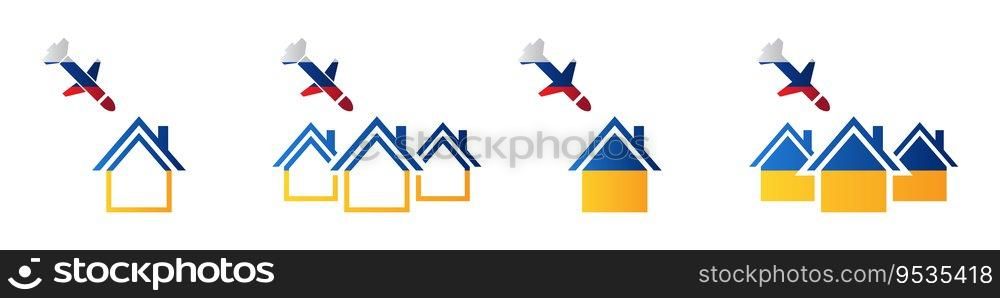 Russian cruise missiles attack Ukrainian city. Cruise missile icon and home icon. Vector illustration.
