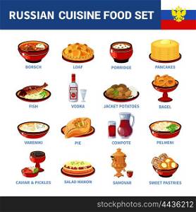 Russian Cuisine Dishes Flat icons Collection . Russian national food dishes flat icons set with porridge pancakes borsch and vodka abstract isolated vector illustration