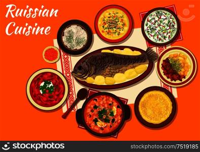 Russian cuisine thin pancake icon served with red caviar, meat dumplings, baked fish, sour soup with olives, beet soup borscht, cold vegetable soup, beef stroganoff and fish soup. Russian cuisine dishes for dinner menu design