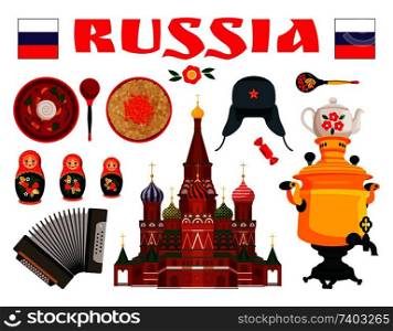 Russian culture borsch and porridge, ushanka hat, bayan and samovar recognizable symbol. Color flat vector illustration set in cartoon style poster.. Russia Traditional Food and Entertainment Icon Set