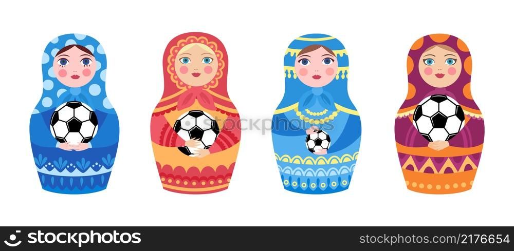 Russian doll and football ball. Matryoshka hold balls, welcome to Russia. Flat soccer game decorative elements vector set. Illustration football doll russia, soccer traditional merchandising. Russian doll and football ball. Matryoshka hold balls, welcome to Russia. Flat soccer game decorative elements vector set