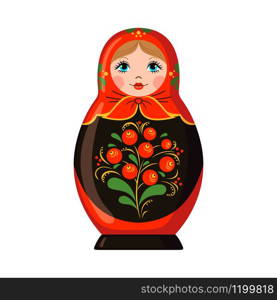 Russian doll Matrioshka icon in flat style isolated on white background. Slavic traditional element with khokhloma painting. Design element for cards, posters, banners. Vector illustration.. Vector Russian doll Matrioshka icon in flat style isolated on white background.